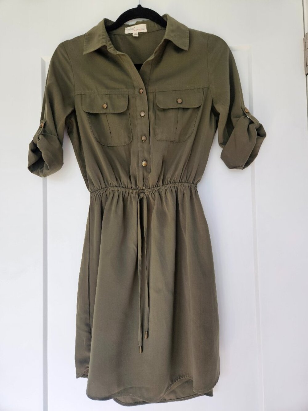 Green shirtdress with roll up sleeve